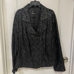 Lane Collection Metallic Leopard Lace Moto Jacket Black Silver Plus Size 28
